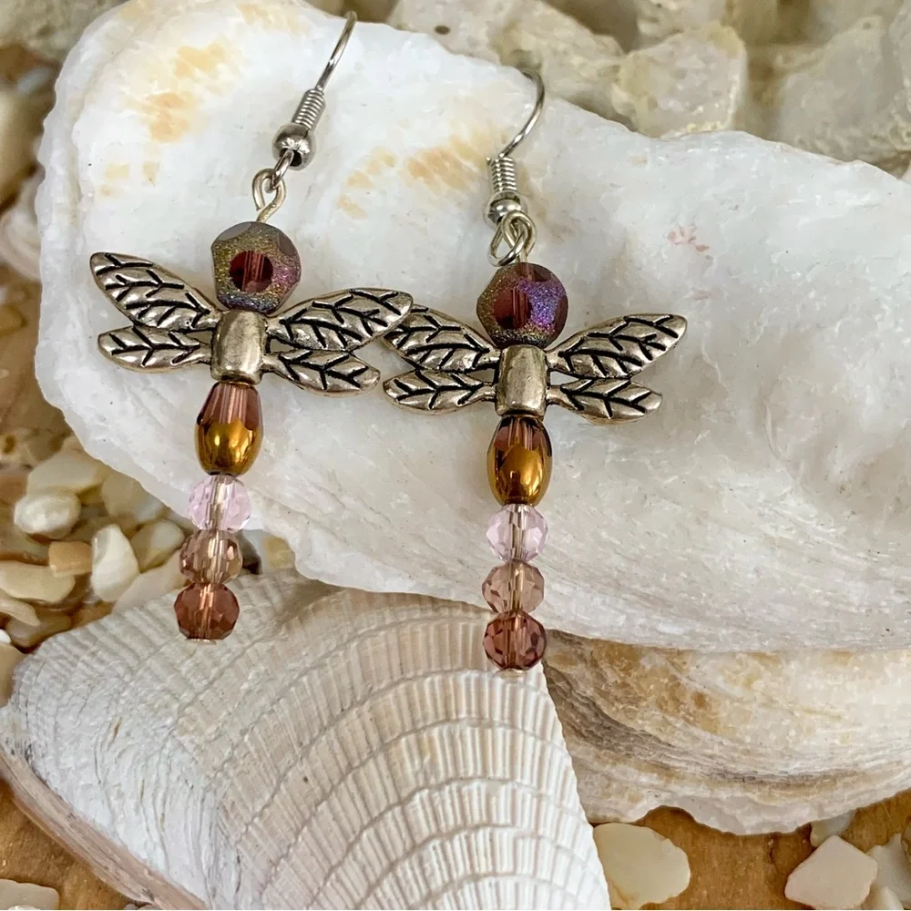 Pink & Bronze Iridescent Beaded Dragonfly Earrings - Picture 4 of 4